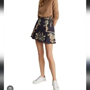 Reiss Blue and Gold Feather Print Skirt